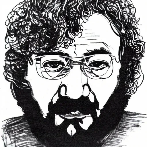 Prompt: continuous single line contour - drawing of jerry garcia, pen on white paper