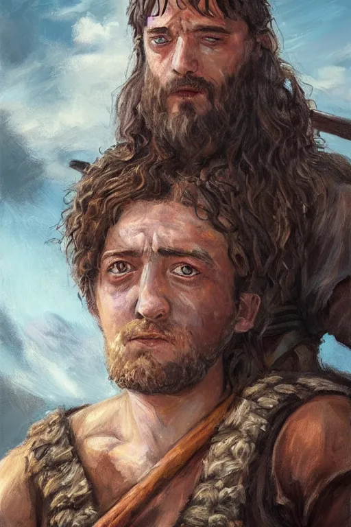Prompt: a full body high detail fantasy portrait oil painting illustration of Maisie Williams as a single rugged stoic barbarian man by Justin Sweet with face and body clearly visible, in a scenic background, pupils visible, realistic proportions, d&d, rpg, forgotten realms, artstation trending, high quality, sombre mood, muted colors, no crop, entire person visible!, natural light