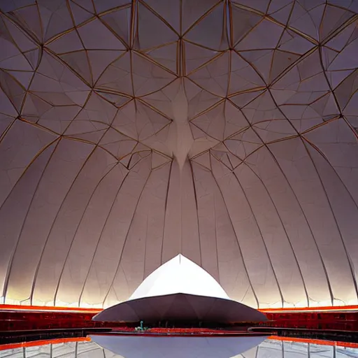 Image similar to futuristic lotus temple space station with gold, red and white marble panels, by buckminster fuller and syd mead, intricate contemporary architecture, photo journalism, photography, cinematic, national geographic photoshoot