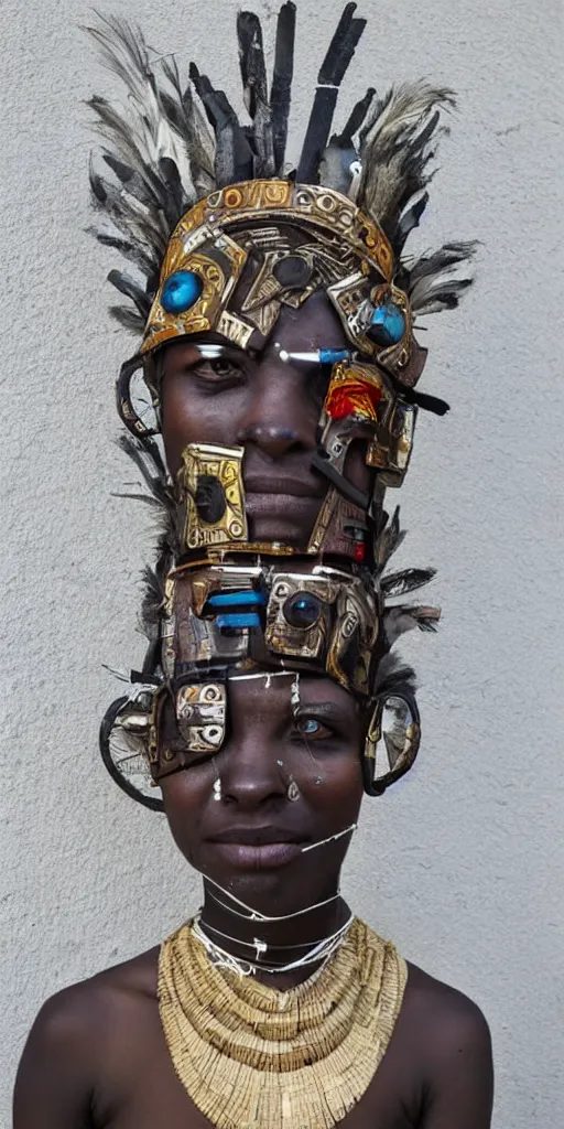 Image similar to a beautiful cyborg made of ceremonial african maske