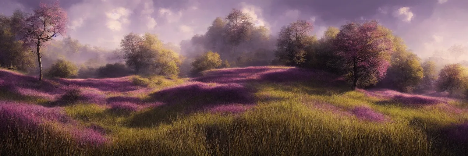 Prompt: michal karcz painting of a beautiful landscape. , purple grass, detailed, elegant, intricate, 4k,
