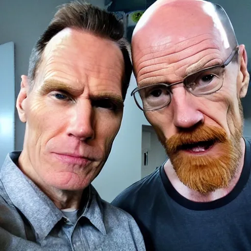 Prompt: Jerma with hair and no glasses taking a selfie with Bald Bryan Cranston with a goatee in Albuquerque, New Mexico with a yellow filter, real life, hyperrealistic, ultra realistic, realistic, highly detailed, epic, HD quality, 8k resolution, body and headshot, Trending on Artstation, very realistic