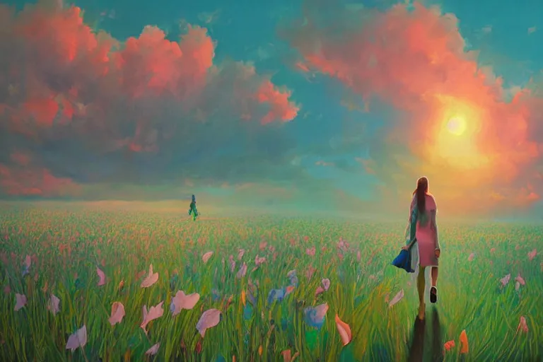 Image similar to giant gladiola head, girl walking in field of flowers, surreal photography, sunrise, blue sky, dramatic light, impressionist painting, digital painting, artstation, simon stalenhag