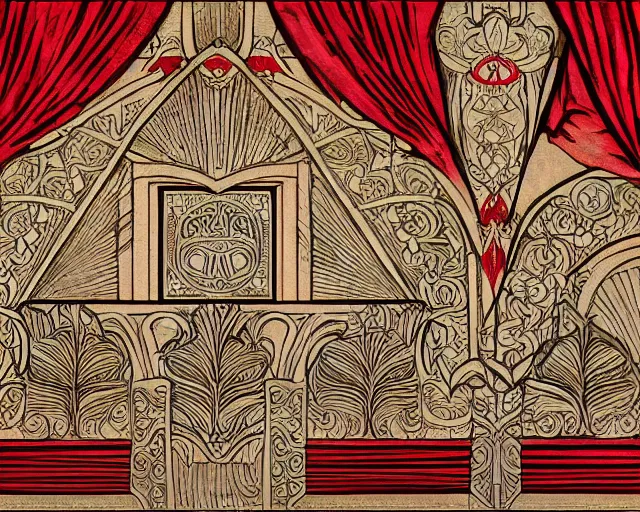 Image similar to mural from the early 1 9 0 0 s in the style of art nouveau, red curtains, art nouveau design elements, art nouveau ornament, brick wall, opera house architectural elements, mucha, masonic symbols, masonic lodge, joseph maria olbrich, simple, iconic, masonic art, masterpiece