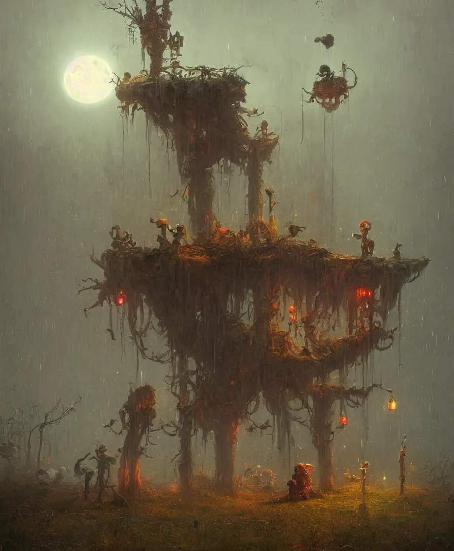 Image similar to time like these, sad skull clown, raining, full moon, illustrated by Simon Stålenhag and Gaston Bussiere, beautiful volumetric lighting style atmosphere, intricate, ultra detailed, photorealistic, trending on artstation, 4k, 8k