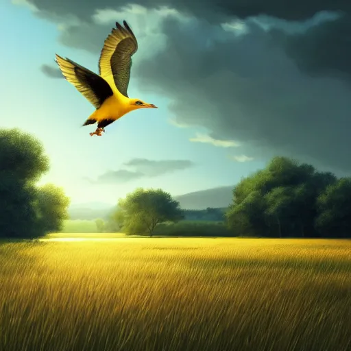 Image similar to spanish golden oriole flying in avila green hay field, summer mid day, 4 k, concept art, by wlop, ilya kuvshinov, artgerm, krenz cushart, greg rutkowski, pixiv. cinematic dramatic atmosphere, sharp focus, volumetric lighting, cinematic lighting, studio quality