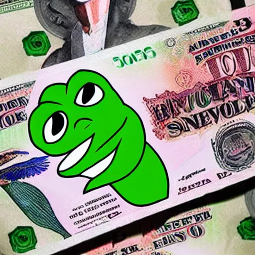 Prompt: flying banknotes around pepe