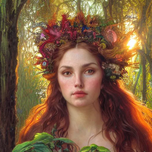 Image similar to face portrait of a beautiful alluring female nature spirit goddess in a dense forest at sunset, detailed, centered, digital painting, artstation, concept art, donato giancola, Dante Gabriel Rossetti, alphonse mucha, Joseph Farquharson, Joseph Christian Leyendecker, WLOP, Boris Vallejo, Breathtaking, 8k resolution, extremely detailed, beautiful, establishing shot, artistic, hyperrealistic, beautiful face, octane render