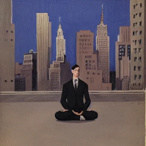 Image similar to man in black suit, meditation pose, new york buildings, city view, leyendecker style