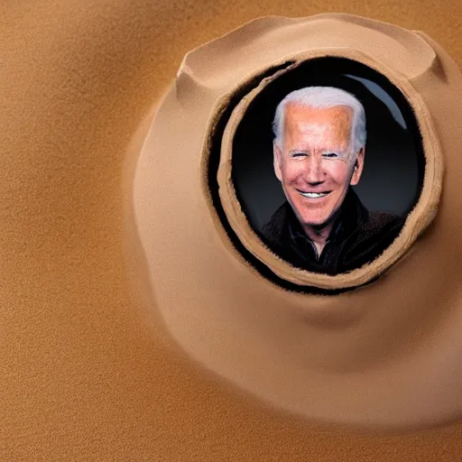 Image similar to dune sandworm emerging from sand with a photorealistic face of Joe Biden; 4k