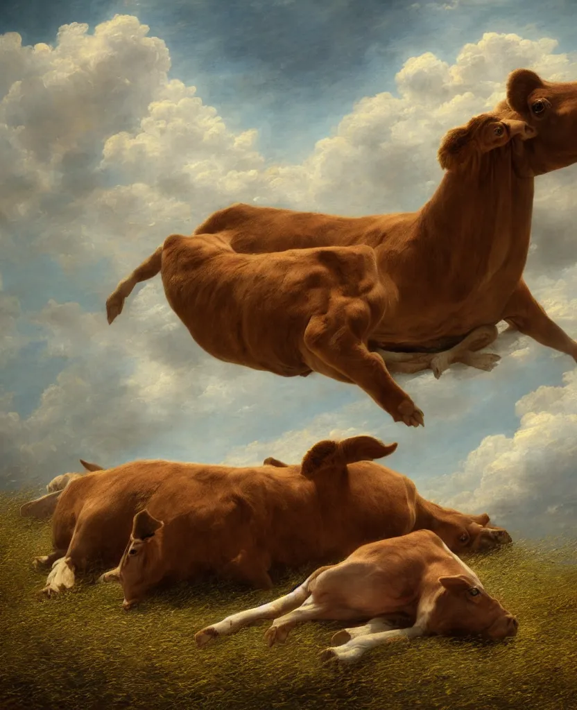 Image similar to a two headed brown calf ( ( laying down alone ) ) in a pasture, windy, stoic, modern, cgsociety, hyperdetailed, dramatic, stars, epic painting, shooting stars, painted by jean honore fragonard and greg rutkowski, full body, octane render, sharpness, 8 k, golden ratio