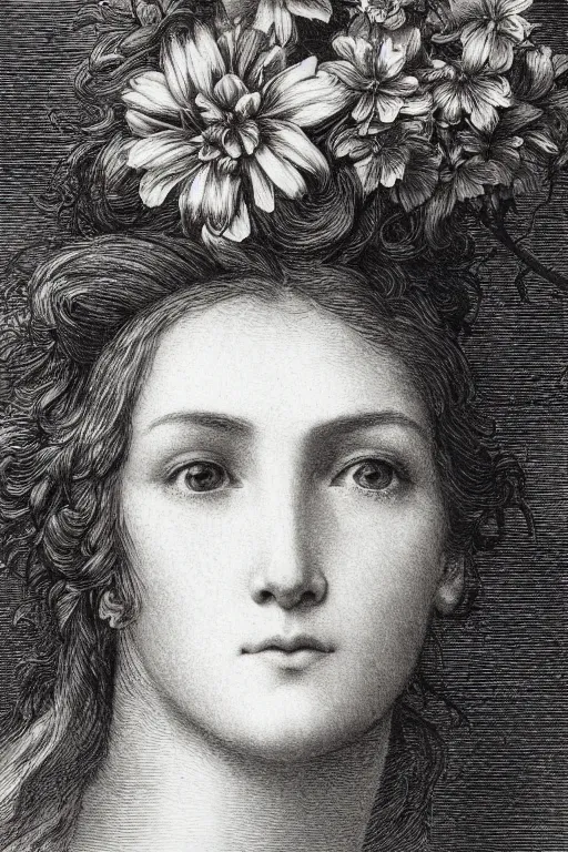 Image similar to extreme close-up portrait of a beautiful french woman with broad cheekbones with flower in the head, forest background, Gustave Dore lithography