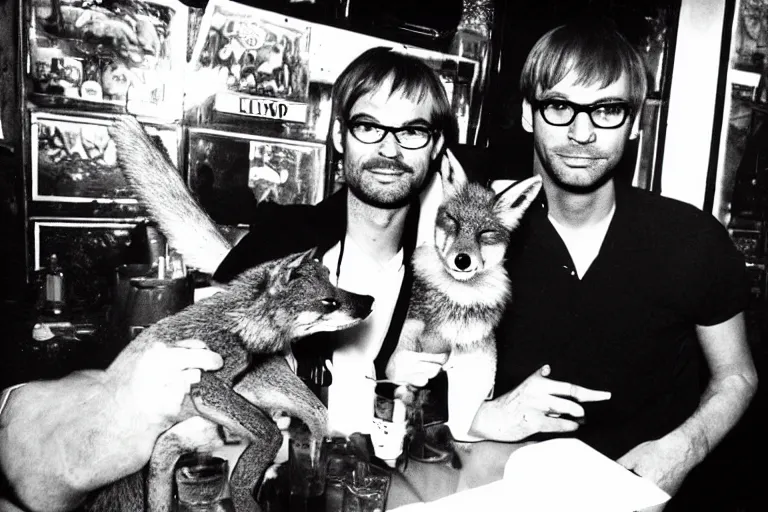 Image similar to Jeffrey Dahmer with an anthro fox in a gay bar with a slice of pizza, dynamic lighting, polaroid photo