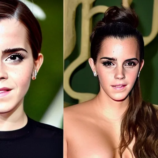 Image similar to emma watson mixed with kim kardashian, full - figure profile shot