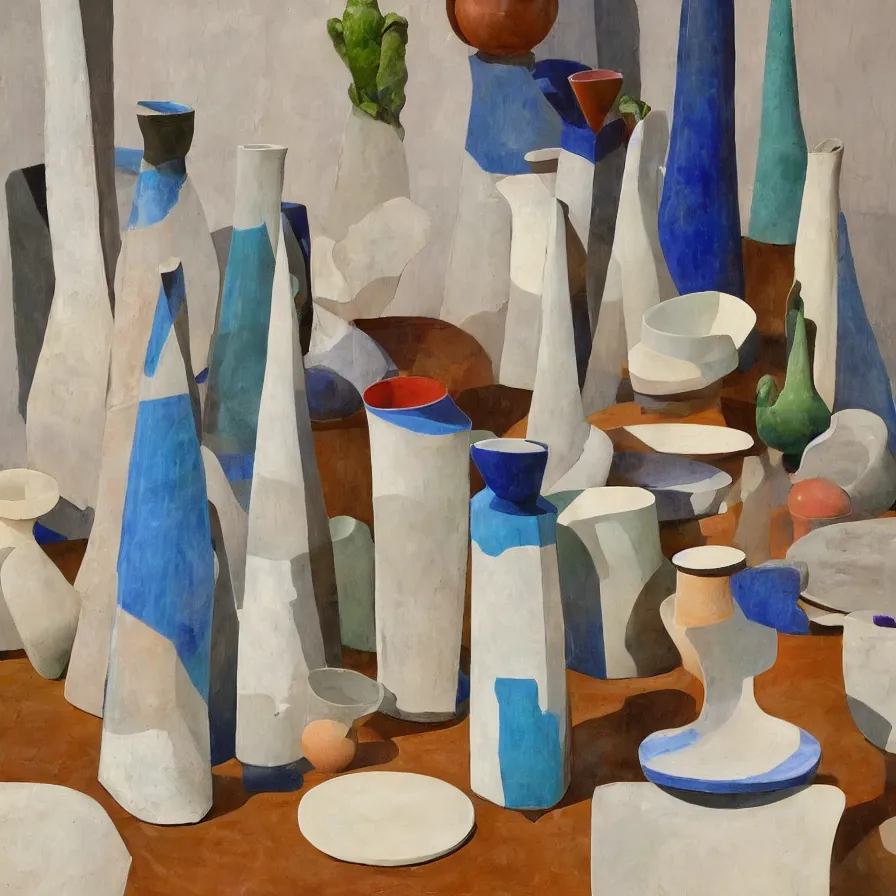 Prompt: beautiful ceramics studio photograph of a ceramics display of tall angular stoneware vase covered with modernist paintings placed on a tablecloth on a wooden table, hyperrealism 8 k trending on artstation