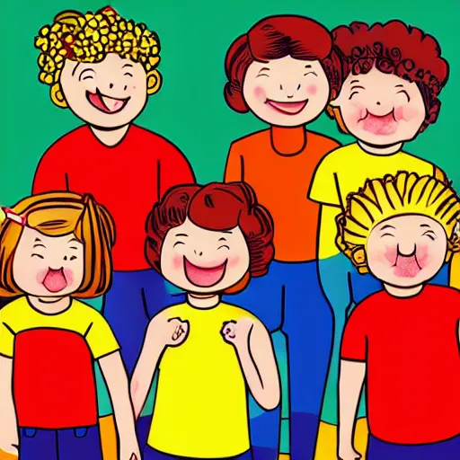 Prompt: retro children’s illustration style of many children standing together laughing primary colors