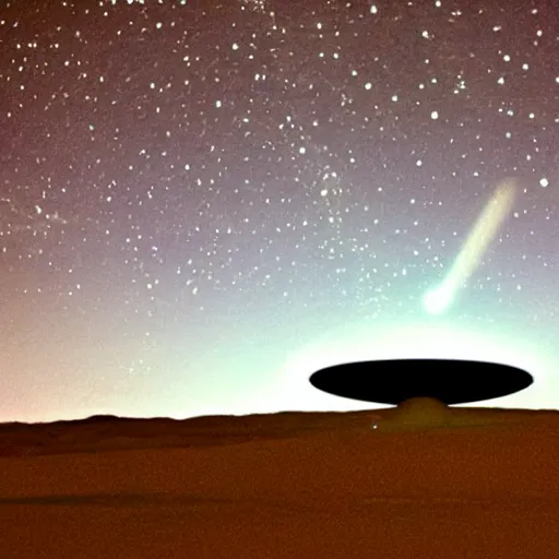 Prompt: ufo flying over the desert at night, old picture, flying saucer!!,