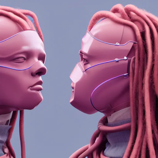 Image similar to intense futuristic bespoke vr headset respirator with long cables like dreadlocks on a set of twin humble hypebeasts, by ilya kuvshinov and james jean and sorayama and ikeuchi and hyein seo and hiroya oku and gilleard james, artstation trending, 8 k, 3 d render, photorealistic, volumetric lighting caustics, pink