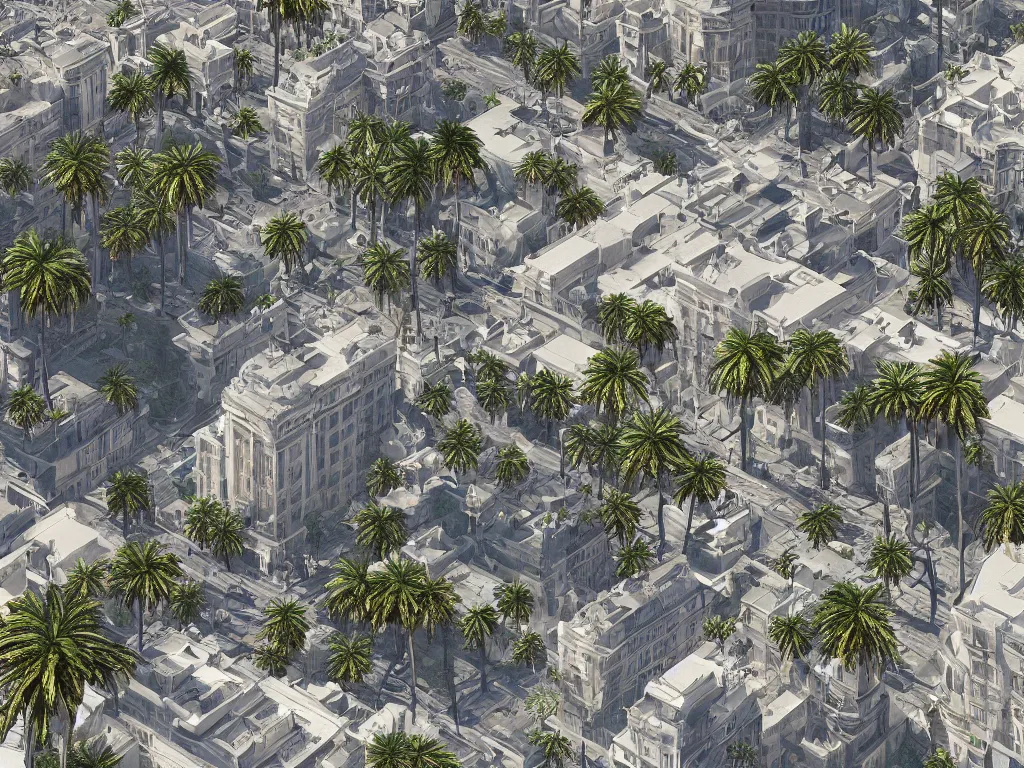 Image similar to the beautiful city of paris rebuilt near the pacific ocean in sunny california, amazing weather, sandy beach, palm trees, splendid haussmann architecture, digital painting, highly detailed, intricate, concept art, matte painting, trending on artstation, octane render, 8 k, unreal engine