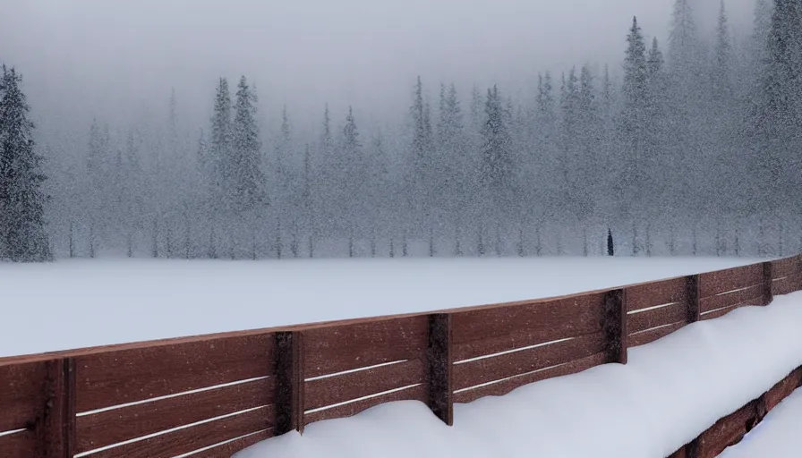 Image similar to wooden guardrails covered by snow in beautiful winter landscape. fog, snowstorm, photorealistic rendering, octane