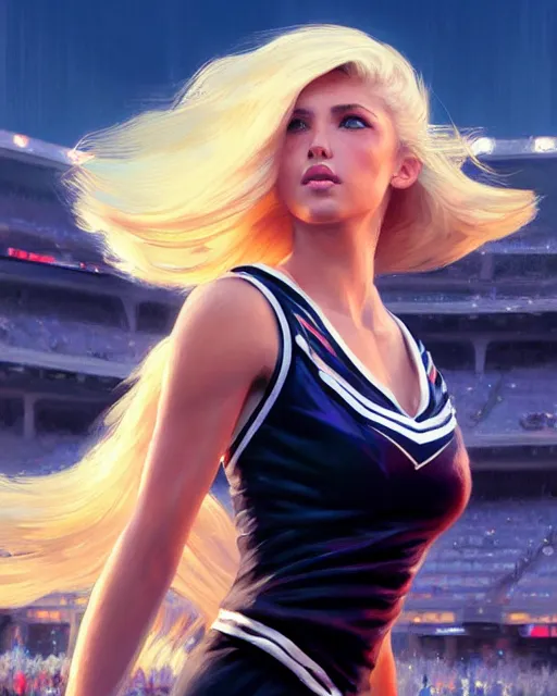 Image similar to epic portrait cinematic shot an cheerleader taunting, stadium backround, shiny skin, flowing blonde hair, fine details. night setting. realistic shaded lighting poster by craig mullism, artgerm, jeremy lipkin and michael garmash, unreal engine, radiant light, detailed and intricate environment, digital art, trending on art station,