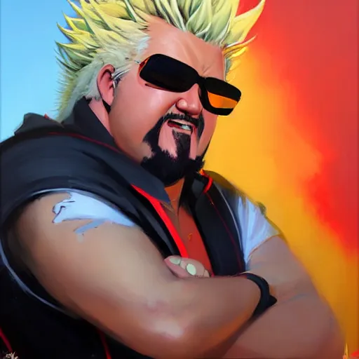 Prompt: Greg Manchess portrait painting of Guy Fieri as Overwatch character, medium shot, asymmetrical, profile picture, Organic Painting, sunny day, Matte Painting, bold shapes, hard edges, street art, trending on artstation, by Huang Guangjian and Gil Elvgren and Sachin Teng