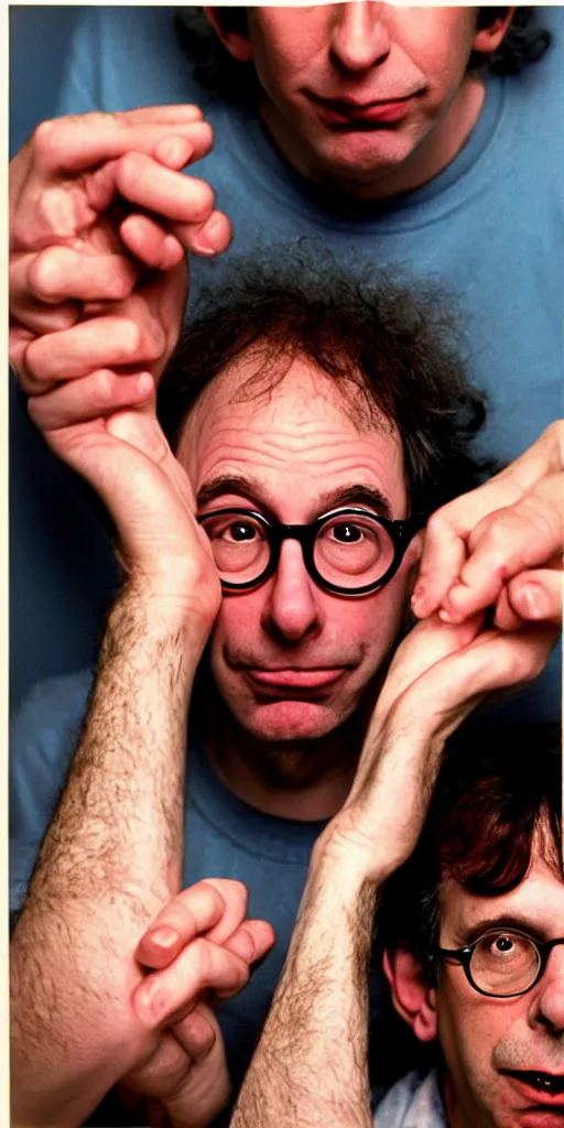 Image similar to award winning photo of todd solondz charlie kaufman larry david std barret smoking, vivid colors, happy, symmetrical face, beautiful eyes, studio lighting, wide shot art by Sally Mann & Arnold Newman