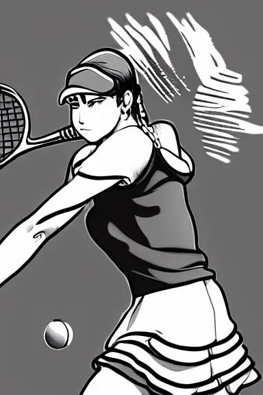 Prompt: slim girl playing tennis, black and white artwork in manga style, made by kentaro miura