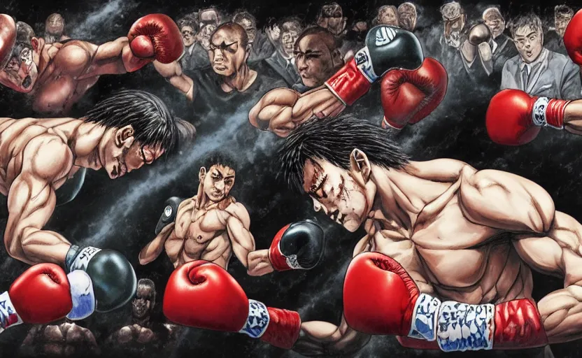 Prompt: a violent boxing match, a boxer punches a boxer in the face, anime, manga panel, masterpiece, by joji morikawa, by kentaro miura, by yukito kishiro, by hayao miyazaki, 4 k wallpaper, bloody, sweaty, hajime no ippo manga inspired