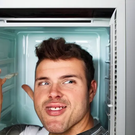 Prompt: man inside a microwave, selfie, uncomfortable