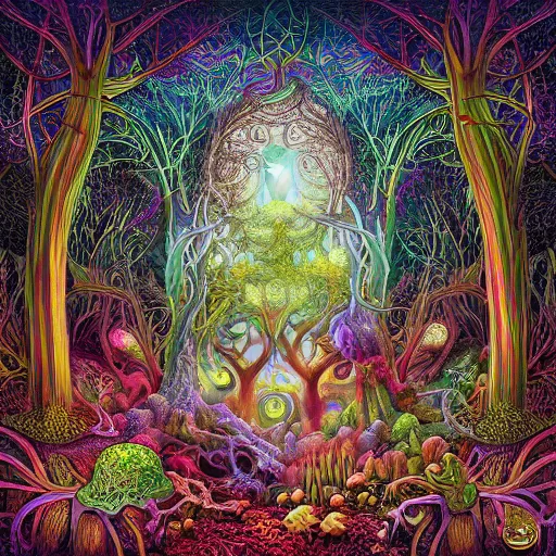 Image similar to psychedelic fantasy forest with glowing mushrooms and eerie trees in the style of Ernst Haeckel and Daniel Merriam, perfect award winning album art