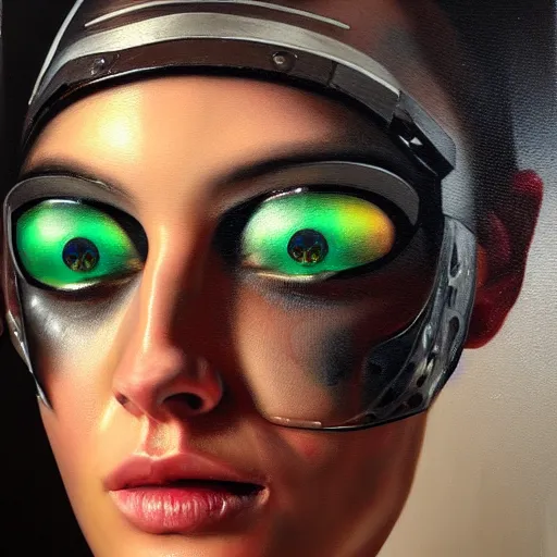 Image similar to cyborg fashion model close - up, hyperrealism oil painting, matte