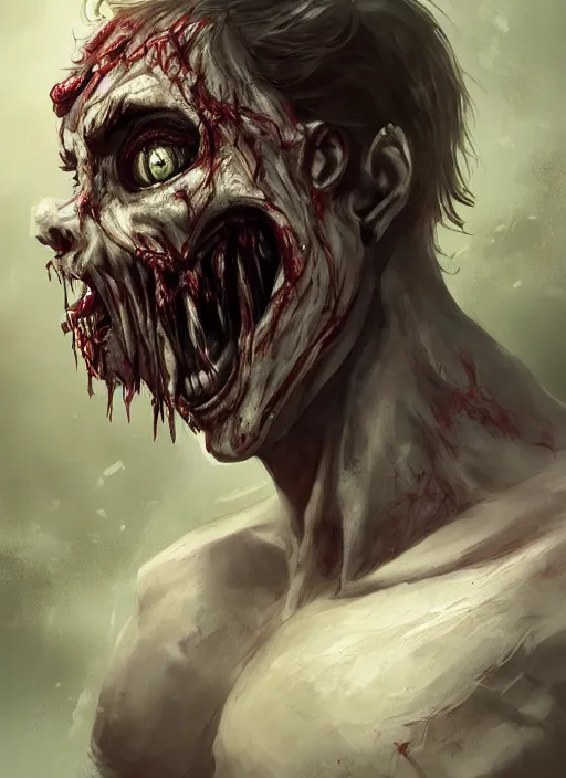 Image similar to detailed beautiful cool male character art depicting am infected zombie monster, concept art, depth of field, on amino, by sakimichan patreon, wlop, weibo, bcy. net, colorhub. me high quality art on artstation.