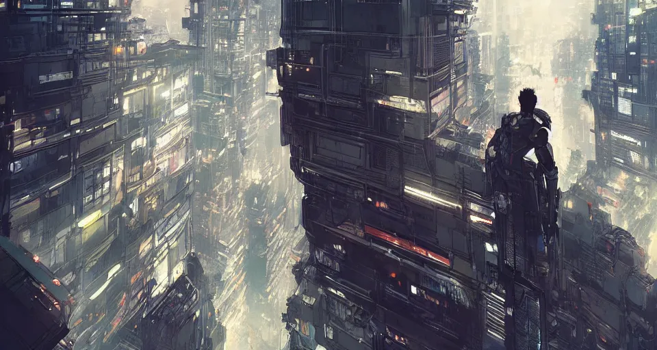 Prompt: a man standing on a balcony above a futuristic city, dramatic lighting, illustration by greg rutkowski, yoji shinkawa, 4 k, digital art, concept art, trending on artstation