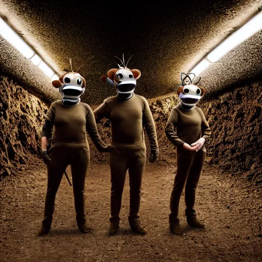 Image similar to cinematic photo of humans wearing realistic ant costumes in an underground dirt tunnel. several tunnel exits lead off in different directions.