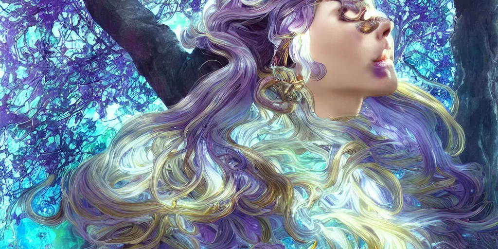 Image similar to wide angle, opalescent purple panther, metallic silver and ice color reflected crystal hair, leaping from babaob tree, fantasy, intricate, very beautiful, elegant, golden light, highly detailed, digital painting, artstation, concept art, smooth, sharp focus, unreal engine, art by wlop and tian zi and alphonse mucha