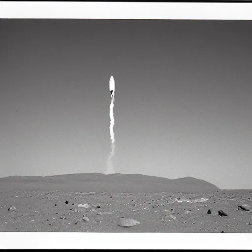 Prompt: black and white polaroids of a rocket taking off from mars