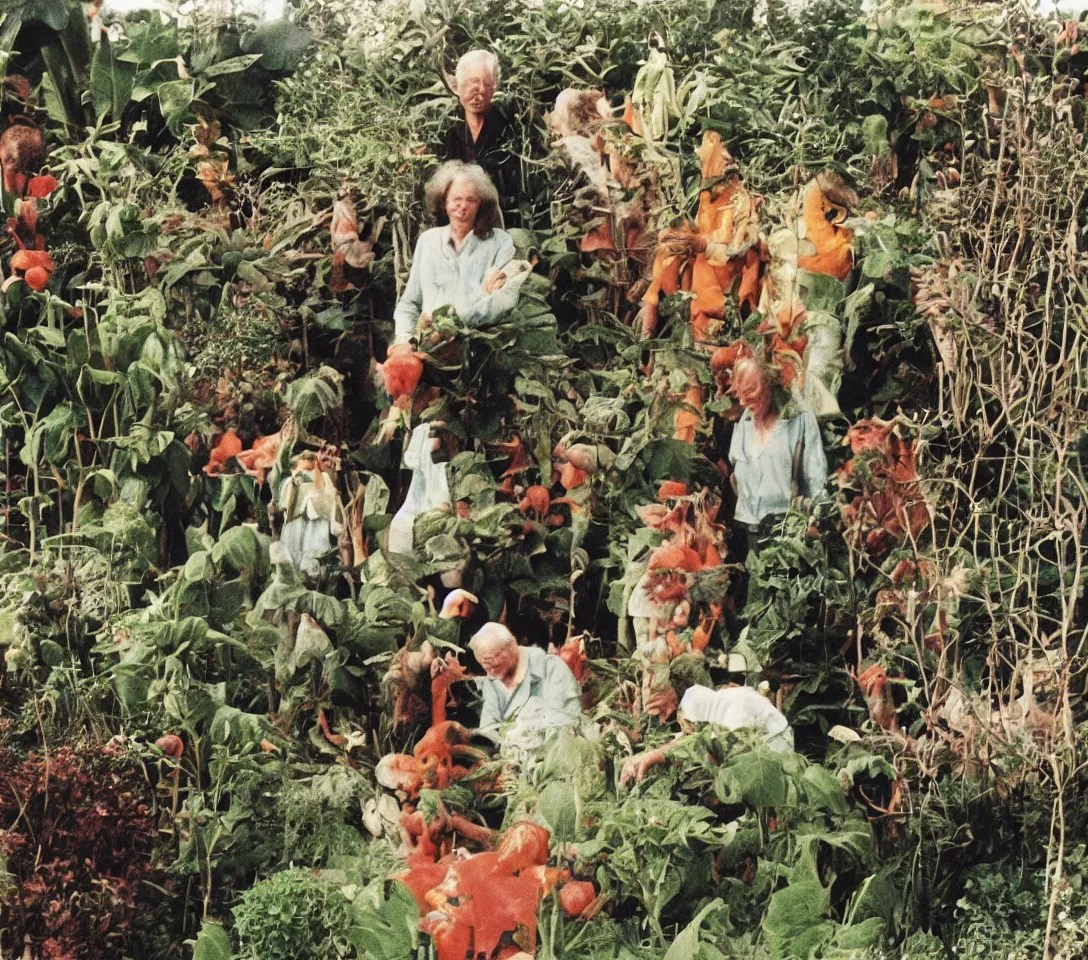 Image similar to a 3 5 mm photography, kodachrome of grandparents with strange creatures and alien plants inspired by bosch but in the real life, photos taken by martin parr