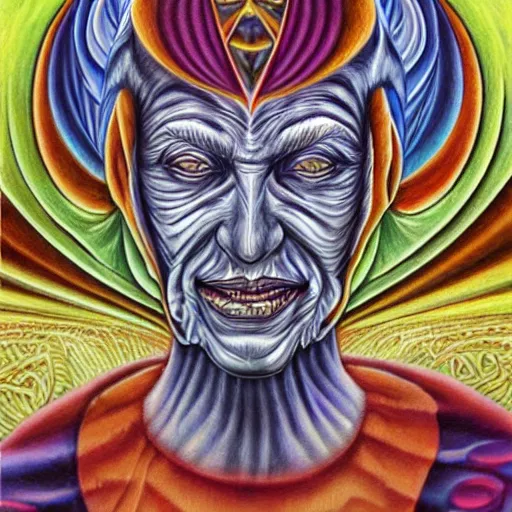 Image similar to Alex Grey artwork of a scheming jester offering a card