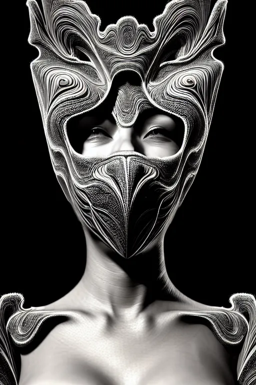 Prompt: portrait of a young beautiful woman with a mask. contemporary photograph, speed painting, fractal, mandelbulb. black and white, black on black. intricate, elegant, super highly detailed, professional digital painting, concept art, smooth, sharp focus, no blur, no dof, extreme illustration, Unreal Engine 5, Photorealism, HD quality, 8k resolution, 3D, beautiful, cinematic, art