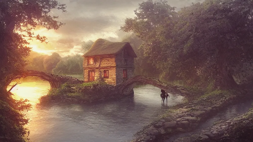 Image similar to small wooden cottage by the river, a tree with vines wrapped around it, two crows on the tree, tranquility, arch stone bridge over the river, an old man riding a horse on the bridge, sunset, by charlie bowater, by greg rutkowski