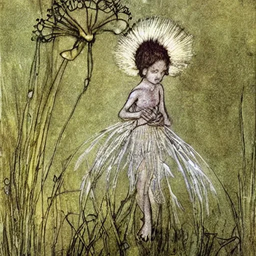 Image similar to a beautiful fairytale painting of a dandelion seed that is also a fairy. the dandelion seed is the body of the fairy. beautiful clear painting by arthur rackham