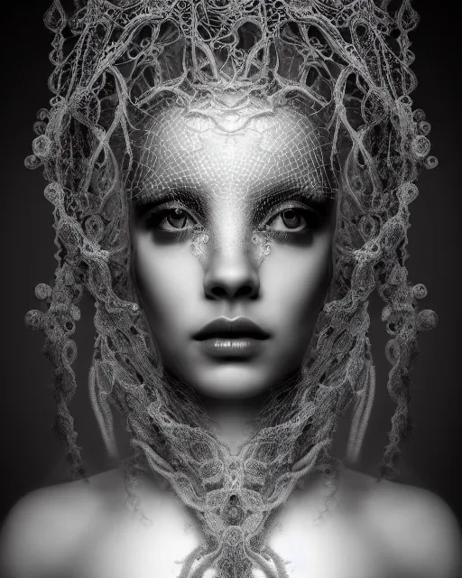 Prompt: surreal mythical dreamy dark artistic black and white fine art photo of a beautiful young female medusa - cyborg covered with lace fish scales and translucent algae, highly detailed, intricate crystal ivy jelly fish scales ornate, lace web, poetic, octane render, 8 k, photo - realistic