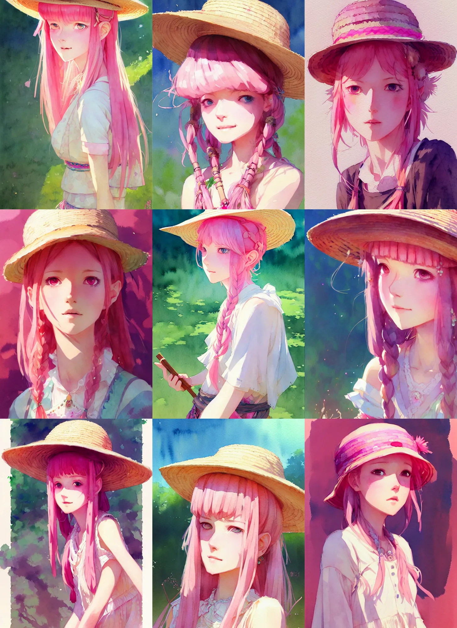 Prompt: portrait of a cute girl with pink hair with straw hat dress in boho style camping, symmetry face, top lighting, cute - fine - face, ( watercolor ), art by hidari and krenz cushart and wenjun lin and starember and craig mullins