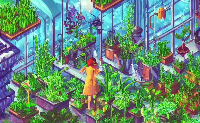 Image similar to a greenhouse with alien plants, potions, a giant fountain in the middle, a women working behind a counter, fantastic lighting, pixel art, high detail