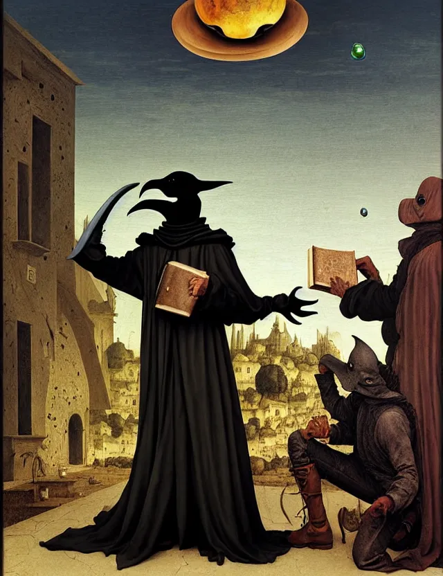 Prompt: plague doctor holding a giant book, as a matte oil painting and d & d character art, by giovanni bellini, standing, fullbody, floating bubbles, loose pages, concept art, award - winning, extremely detailed, sharp focus