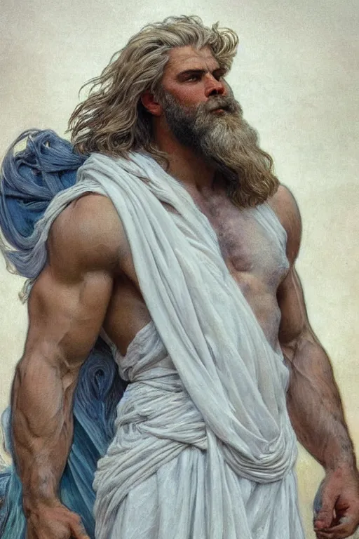 Image similar to painted portrait of rugged zeus, god of thunder, greek god, white hair, masculine, powerful, handsome, opulent, upper body, white robe, muscular, hairy torso, fantasy, intricate, elegant, highly detailed, digital painting, artstation, concept art, smooth, sharp focus, illustration, art by gaston bussiere and alphonse mucha