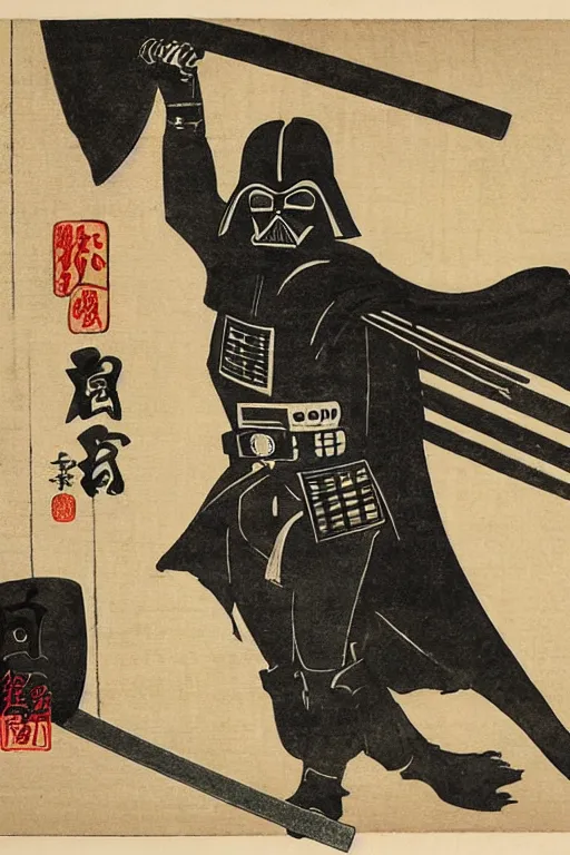 Image similar to Japanese woodblock print of Darth Vader holding a samurai sword , Hokusai