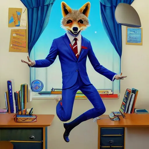 Prompt: a cute male anthropomorphic vulpes vulpes fulva wearing suit in the teachers office at school, pixar style, by tristan eaton stanley artgerm and tom bagshaw.