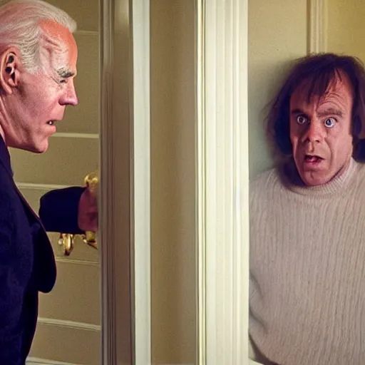 Prompt: the scene from the shining where jack shoves his face through the door but it's joe biden